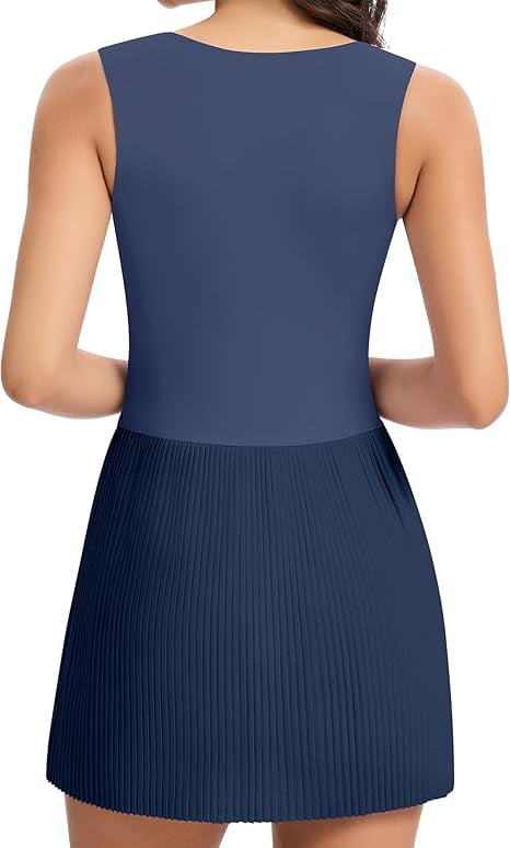 JoyGirl Womens Square Neck Tennis Dress Pleated Sleeveless Golf Dress with Built in Shorts Athletic Dresses with Pockets