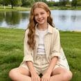thumbnail image 5 of Mifsaly Girls 2 Piece Summer Outfit Set Button Down Long Sleeve Shirts and Drawstring Elastic Waist Shorts Lightweight Kids Casual Loose Matching Loungewear, 5 of 8