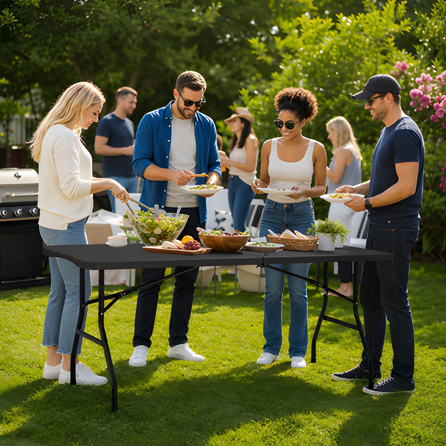 Folding Table, 6 Ft Heavy Duty Portable Fold-in-Half Utility Table, Indoor Outdoor Plastic Rectangle Table with Built in Handle, for Party, Dining, Wedding, Events, Picnic, Camping, Black