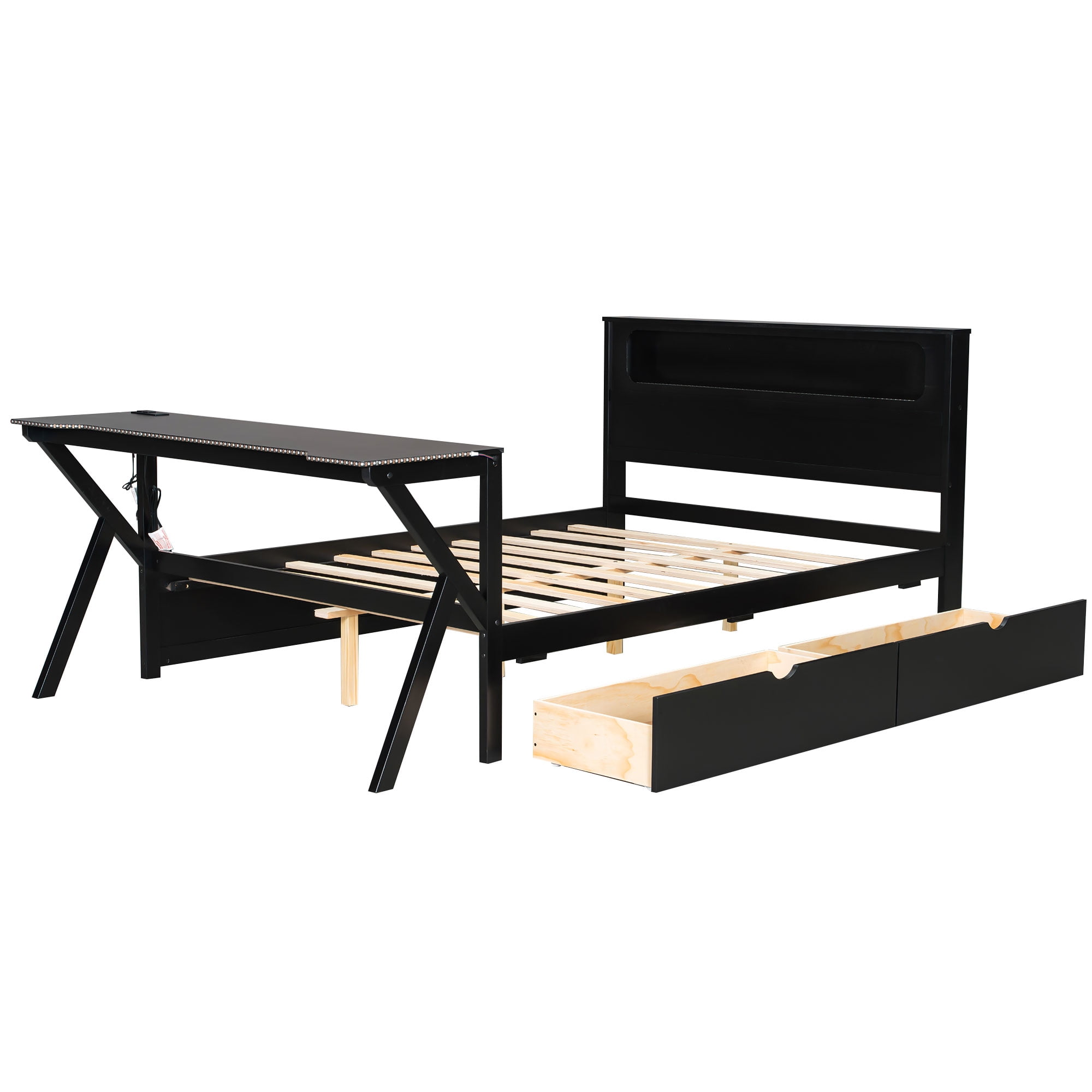 Mintazer Gaming Bed with Desk & Charging Station, Full Platform Bed with 2 Storage Drawers & LED Lighting Dorm Bedroom, Black