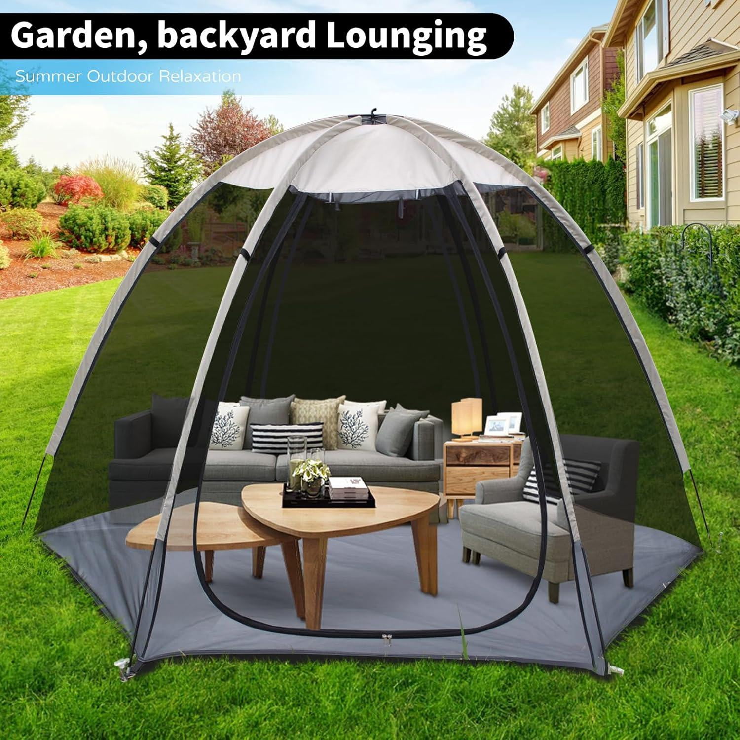 Screen House Room-Camping Tent-Outdoor Canopy- Porosity -Sun Shade Hexagon Shelter Mesh Walls Not Waterproof 8'x7' (Beige (with Floor mat)) (Beige)