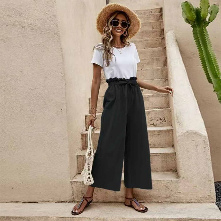 PBNBP Linen Pants for Women,Women's 2023 Linen Pants Fashion Casual Elastic  High Waisted Wide Leg Loose Work Long Palazzo Pants Trousers with Pockets