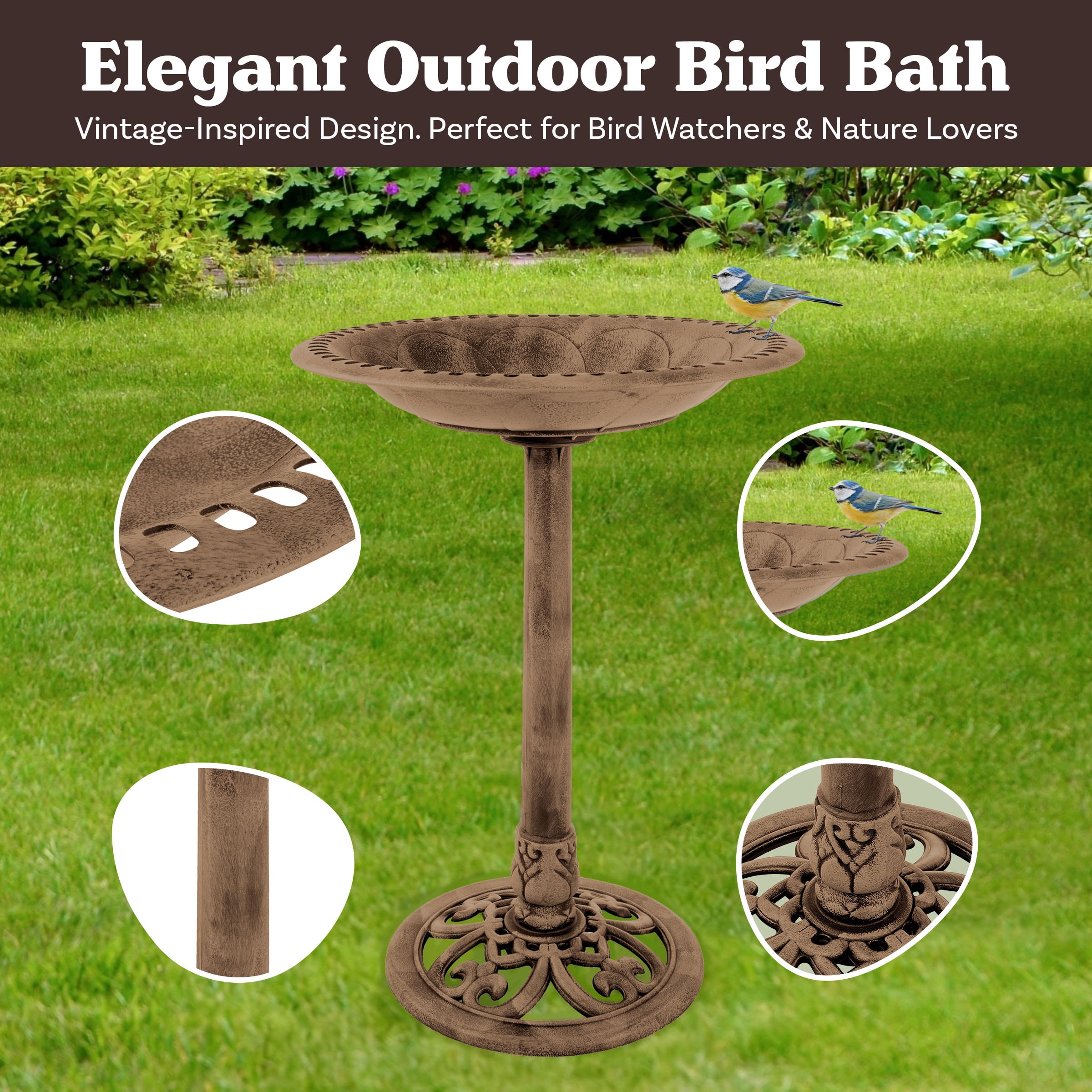Pure Garden Antique Bird Bath – 28.75” Weather-Resistant Pedestal Bowl with Stakes, Bronze