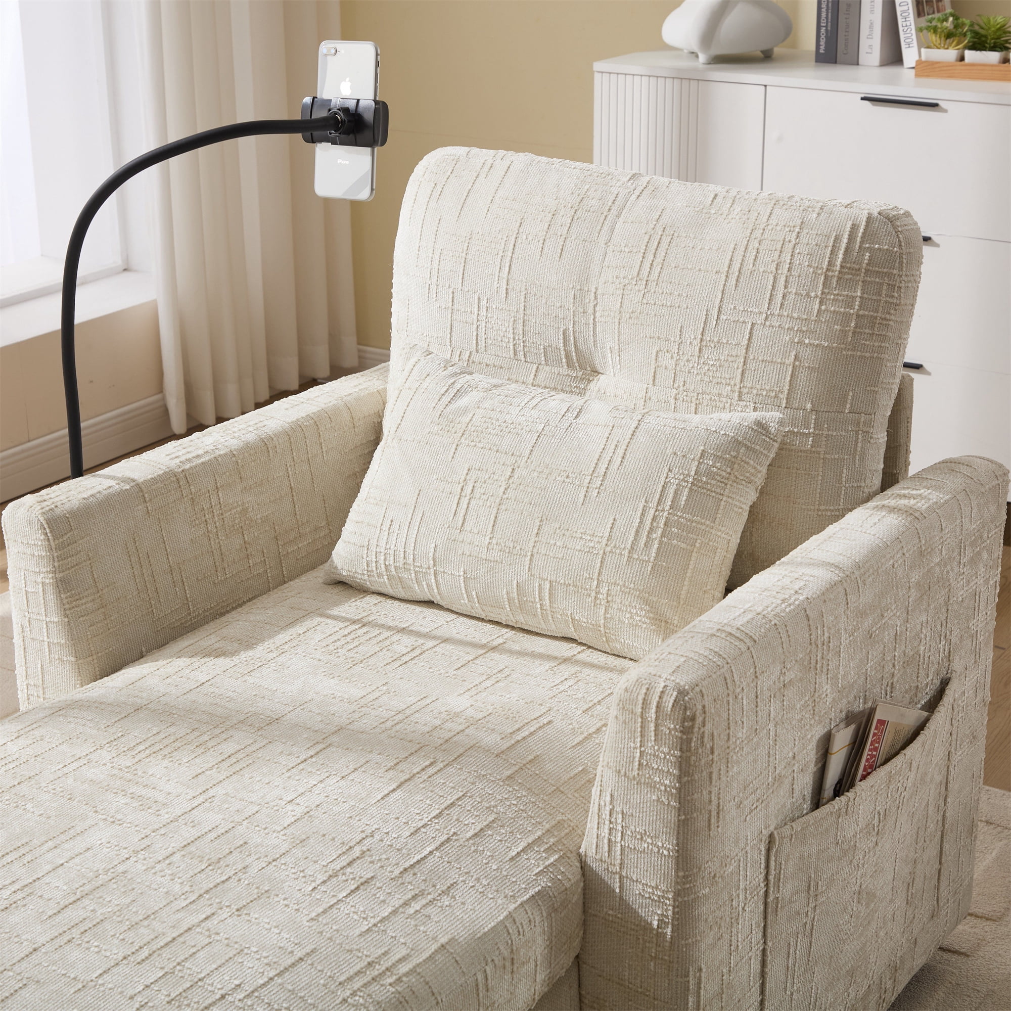 Aukfa Storage Chaise Lounge Single Sofa with Phone Holder and Pillow for Living Room Bedroom, Chenille, Beige