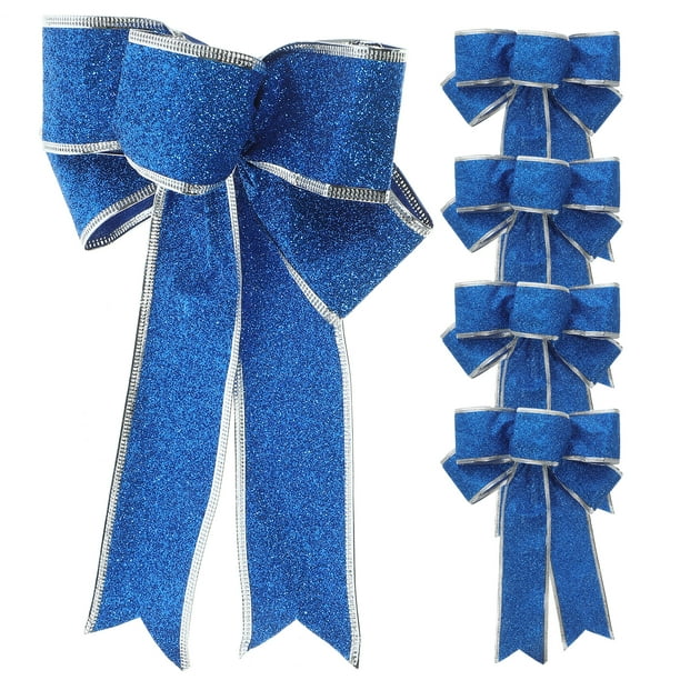 5 unidades de lazos de cinta de tela brillante para Navidad, ideales para decorar el árbol de Navidad (azul).