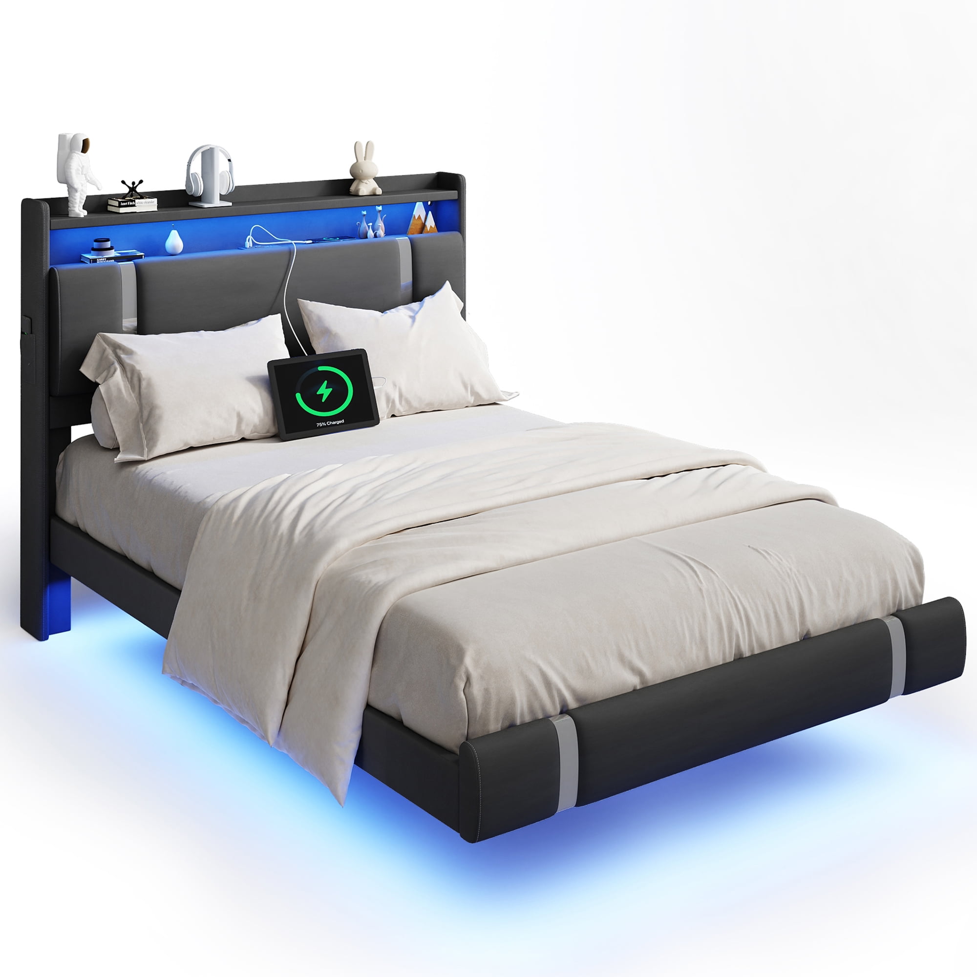 IDEALSOUL Full Size Floating Bed Frame with Upholstered Storage Headboard, Metal Platform Bed with Charging Station & LED,No Box Spring Needed,Easy to Assemble (Full,Black)