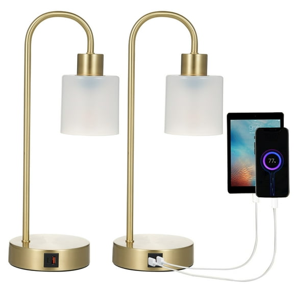 Neoglint Modern Industrial Desk Lamp with Touch Control, 3-Level Dimming, USB A+C Ports, 8W Dimmable Bulb, Gold Finish, Frosted Shade, 2-Pack, US Standard