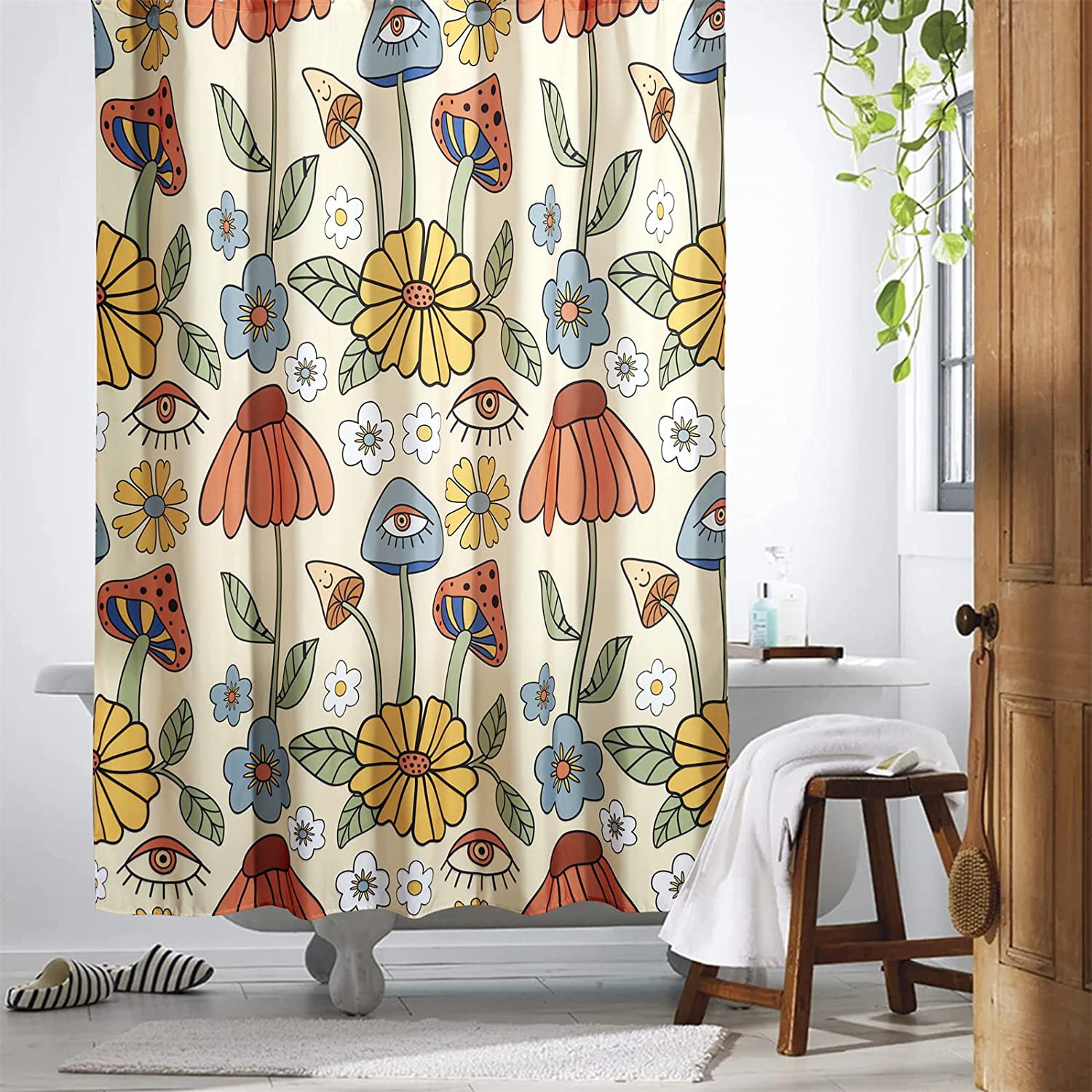 Mushroom Forest Shower Curtain Set Fairy Tale Psychedelic for Bathroom Decor