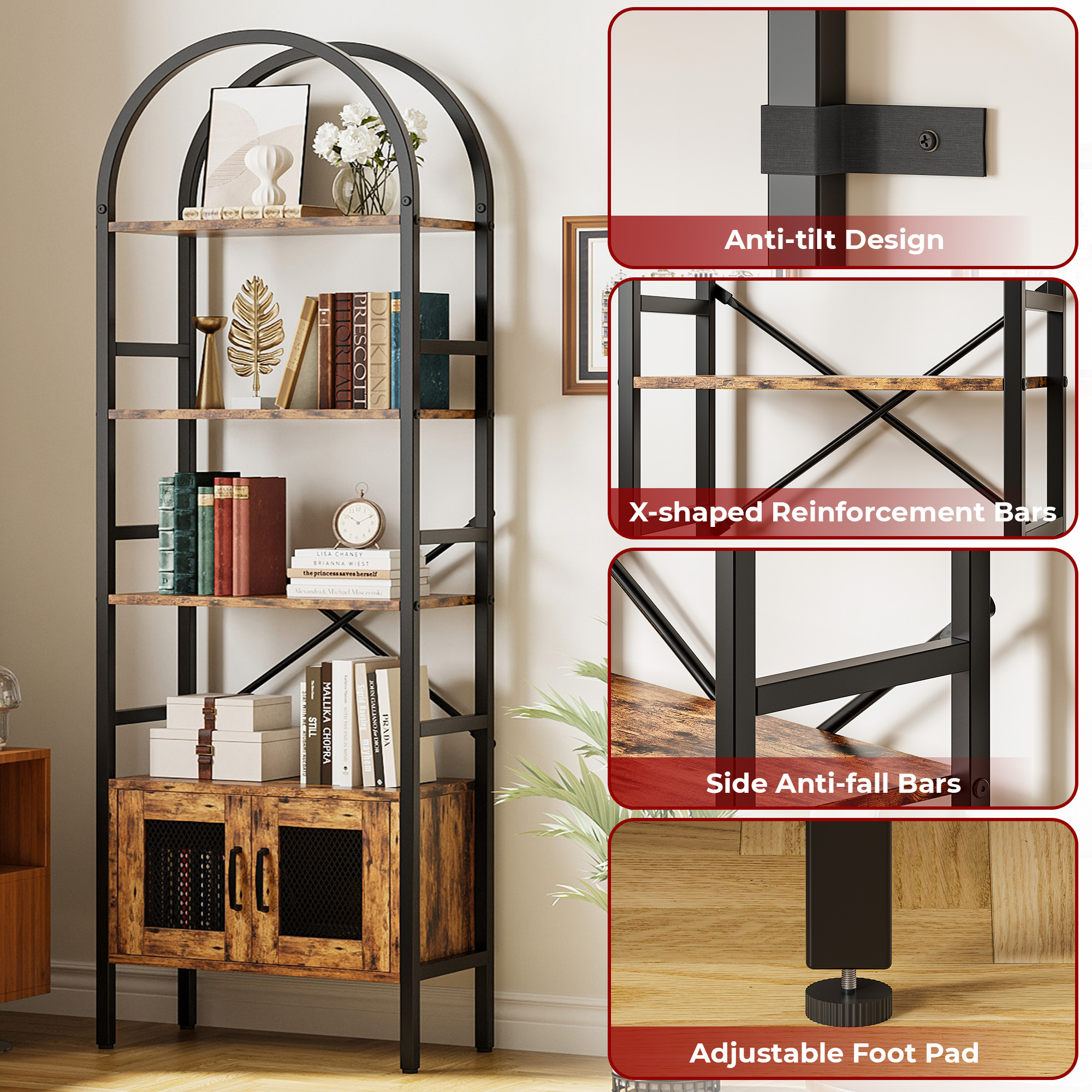 IRONCK 70.3" Tall Arched Bookshelf, 4-Tier Open Display Bookcases with Door Cabinet, Industrial Style Metal Storage Rack, Brown