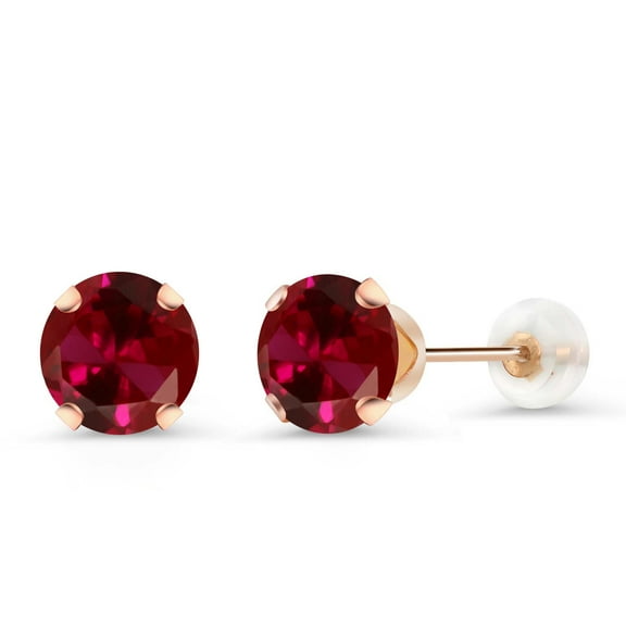 Gem Stone King 10K Rose Gold Red Created Ruby Stud Earrings for Women Men (2.00 Ct Round 6MM)