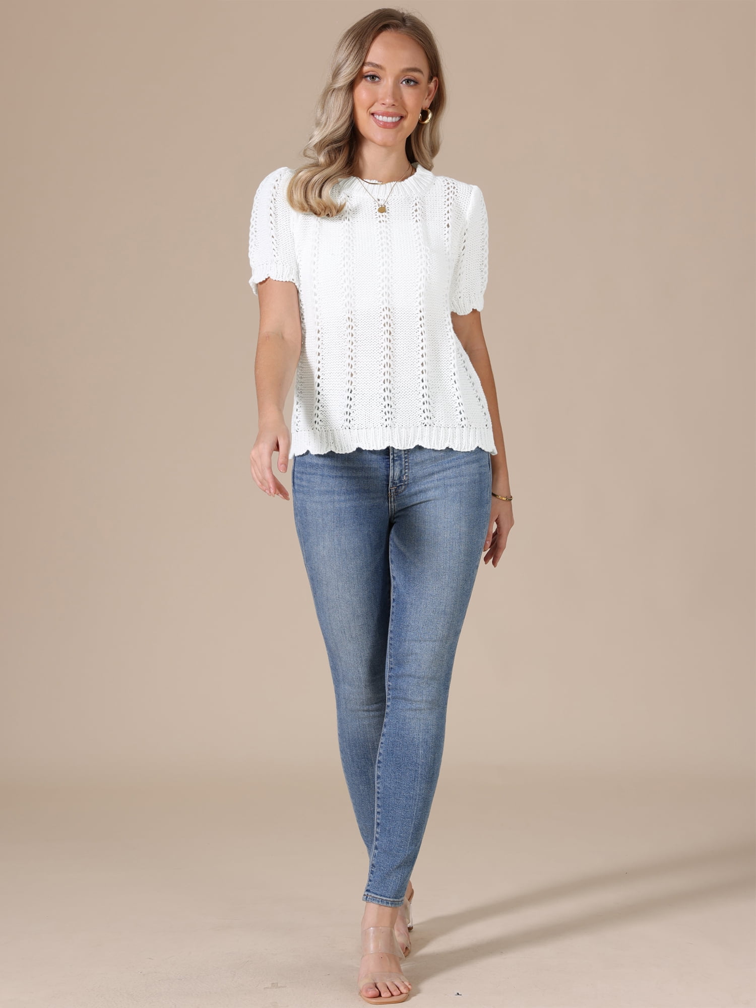 DARING DIVA Women's Crochet Knit Top Short Sleeve Crew Neck Eyelet Embroidery L White