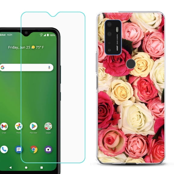 Shockproof Bumper Phone Case for AT&T Radiant Max 5G / Fusion 5G, with Tempered Glass Screen Protector, by OneToughShield ® - Rose Bouquet