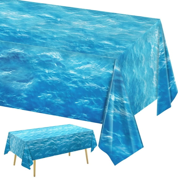 Ocean Waves Plastic Tablecloth Set of 3, 54x108 inch Water Print Table Cover for Beach Pool Under The Sea Party Decorations Birthday Supplies, Blue