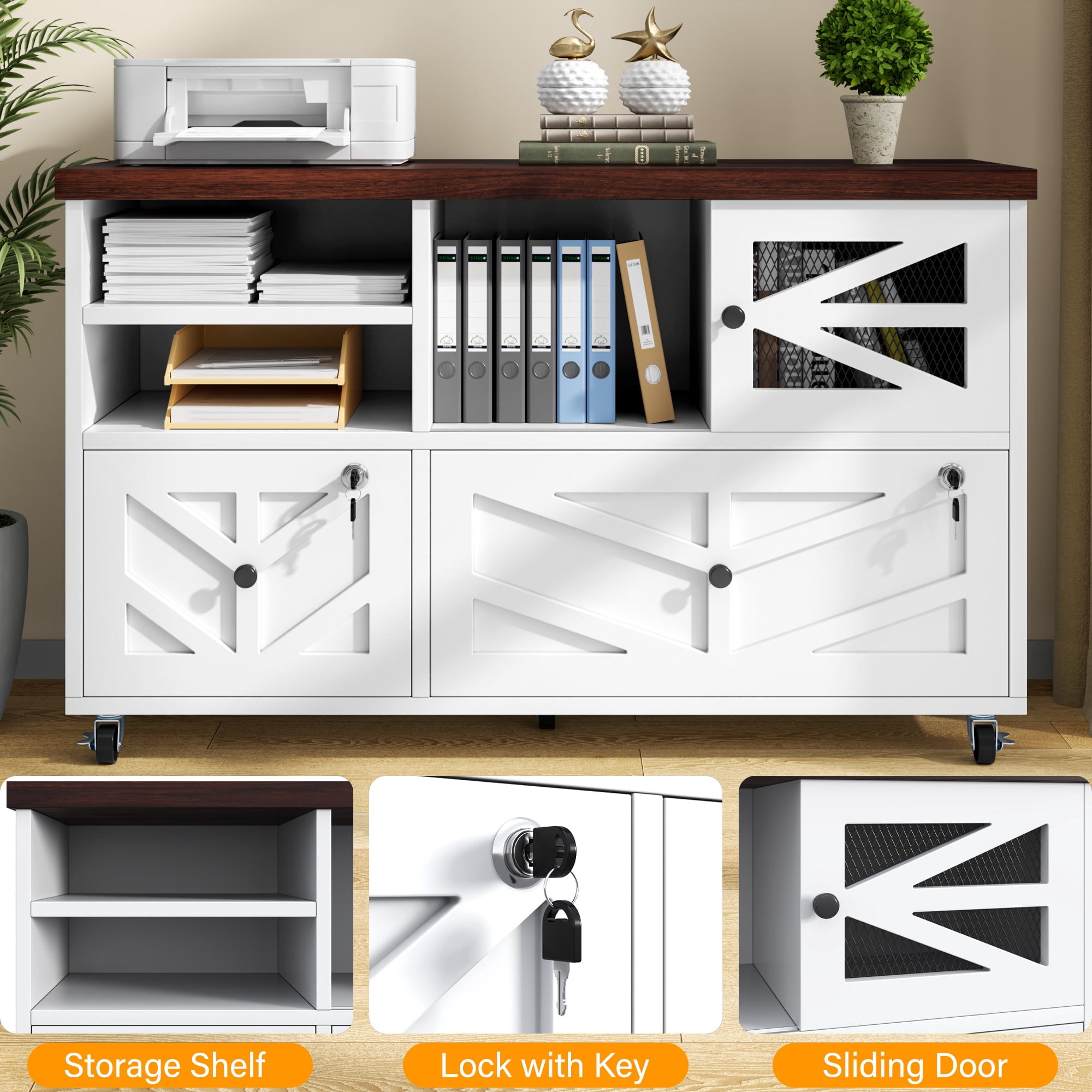 File Cabinet with 2 Lockable Drawers, ETASE Farmhouse Filing Cabinet with Sliding Door and Storage Shelf, Print Stand for A4/Letter, Storage Cabinet for Home Office, White