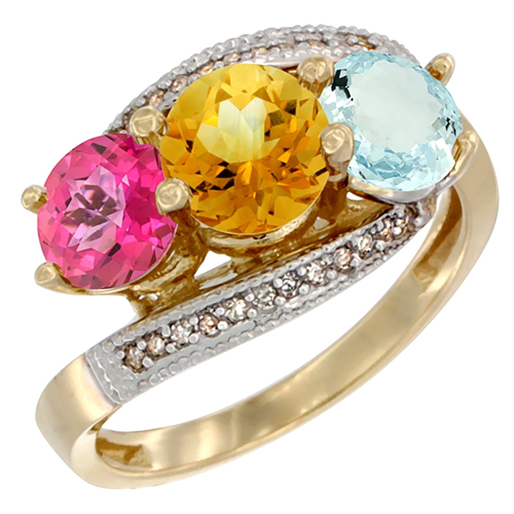 14K Yellow Gold Natural Pink Topaz, Citrine & Aquamarine 3 stone Ring Round 6mm Diamond Accent, size 5.5 by Gabriella Gold