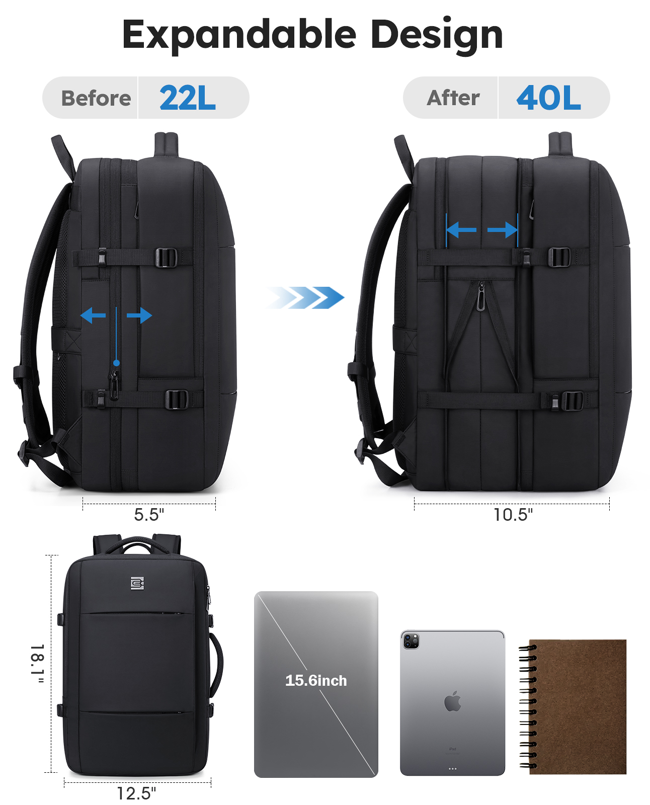 UKEIN 40L Expandable Travel Backpack with Laptop Compartment photo 3