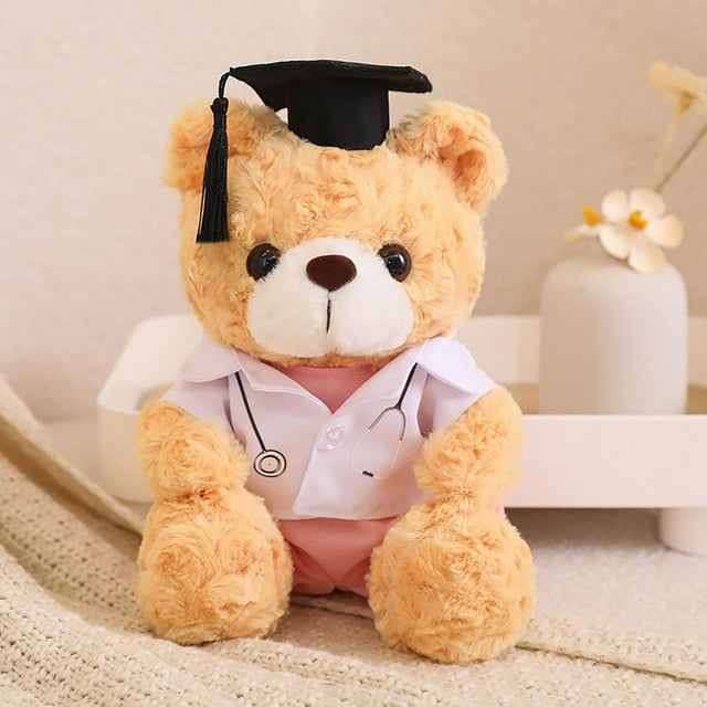 Oso de graduación con gorra doctoral y atuendo de enfermera - Bata blanca y flor retorcida - peluche de 23 cm