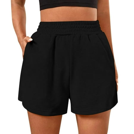 ZPYESWOW Womens Biker Shorts Tummy Control Running Shorts for Women Casual Elastic High Waisted Shorts Baggy Shorts with Pockets Shorts Womens Black L
