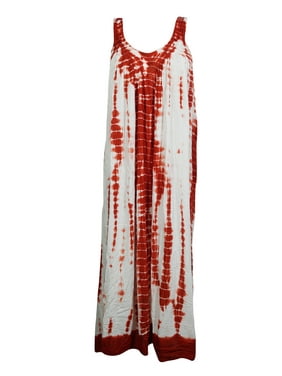 Mogul Womens Red/White Tie Dye Long Dress Sleeveless Scoop Neck Summer Style Boho Chic Beach Cover up Tank Dress