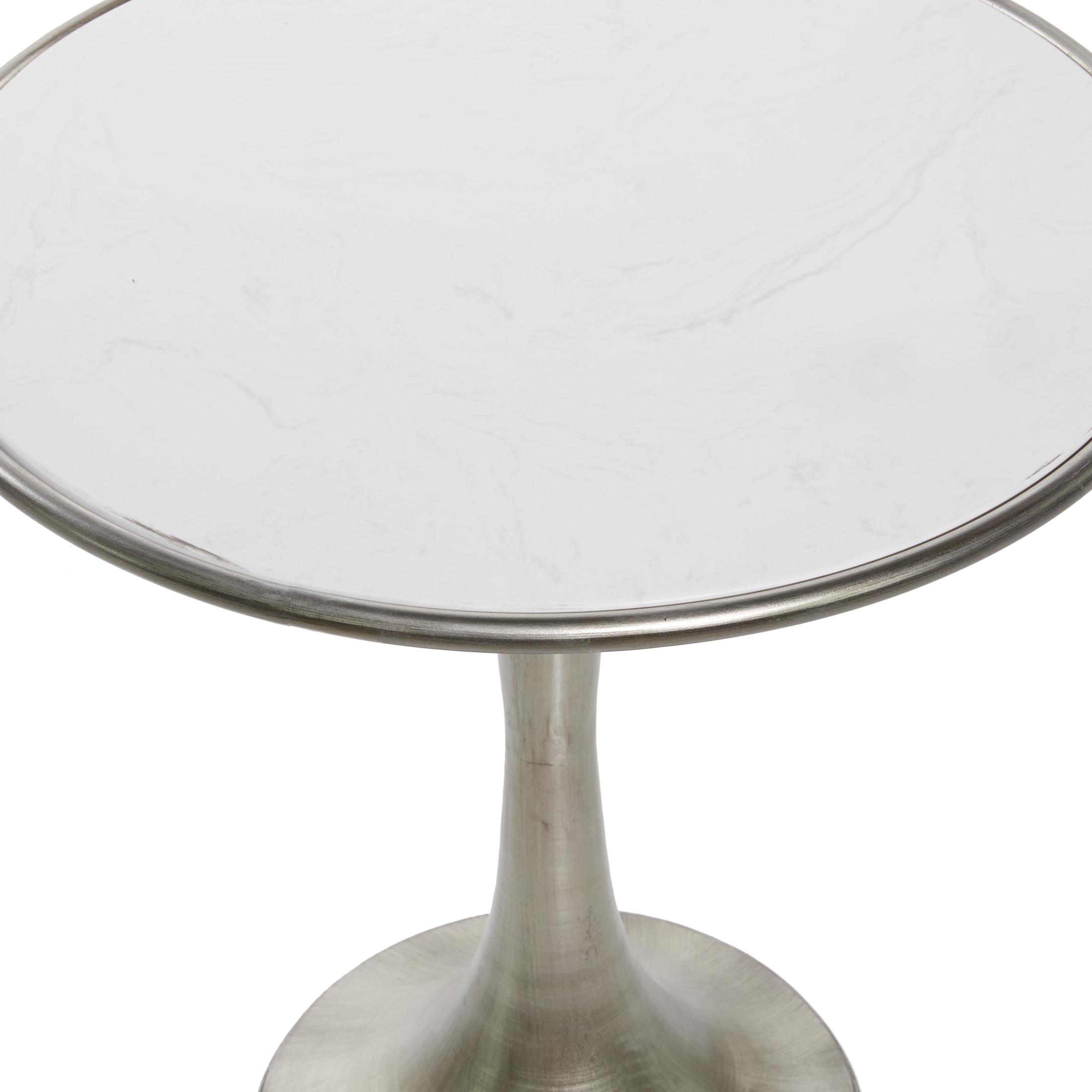 DecMode 25" x 25" Silver Metal Accent Table with White Marble Top, 1-Piece