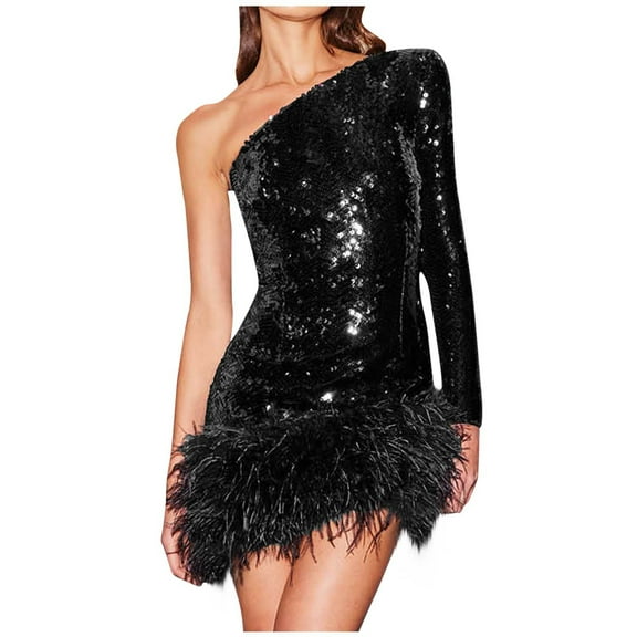 jsaierl Sequin Dress for Women One Shoulder Long Sleeve Mini Dresses Sexy Feather Bodycon Formal Prom Dress Evening Party Club Date Night Sequin Dress