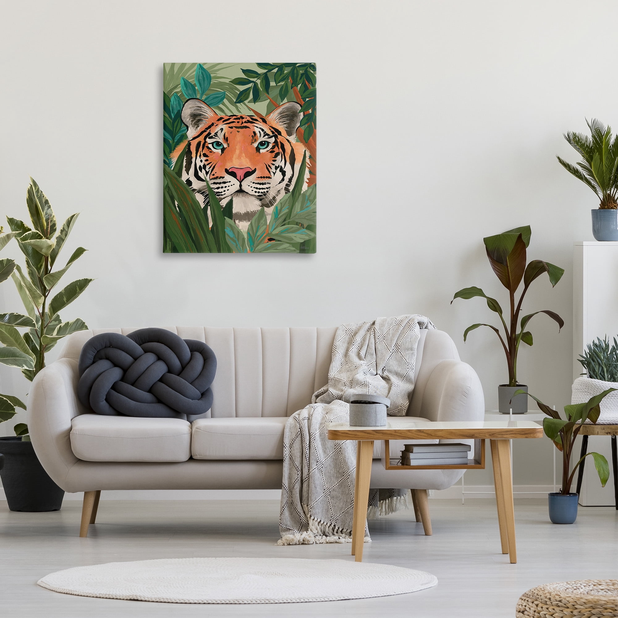 Stupell Industries Tiger Peeking in Leaves Animals & Insects Painting Gallery Wrapped Canvas Art Print Wall Art, 30 x 40