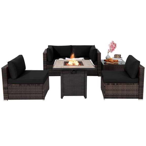 Patiojoy 6 PCS Patio Wicker Furniture Set With 30" Gas Fire Pit Table 50,000 BTU Black Cushions