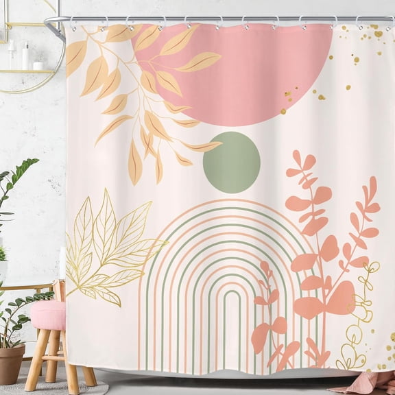Pink Green Modern Boho Shower Curtain for Bathroom Decor 72Wx72H Bohemian Arch Leaves Geometric Simple Blush Art Printed Fabric Polyester Waterproof 12 Pack Plastic Hooks