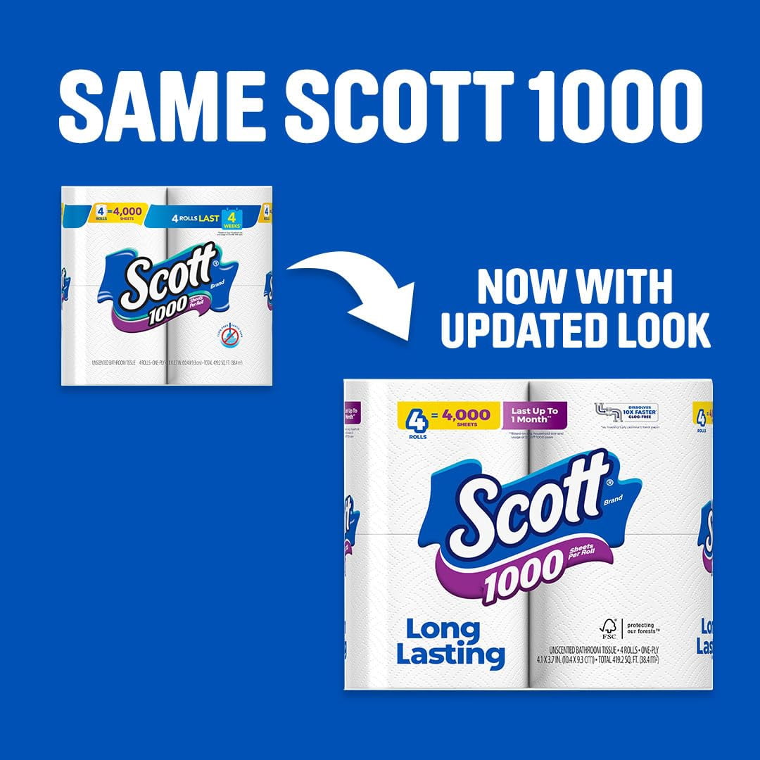 2X-Scott 1000 Sheets Per Roll Toilet Paper, 4 Rolls, Bath Tissue
