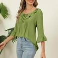 thumbnail image 5 of Xysaqa Women's Casual 3/4 Sleeve Tops Tie V-Neck Pleated Blouses Cute Ruffle Trim Tunic Tops Solid Dressy Casual 3/4 Length Sleeve T-Shirts Green S Clearance, 5 of 6