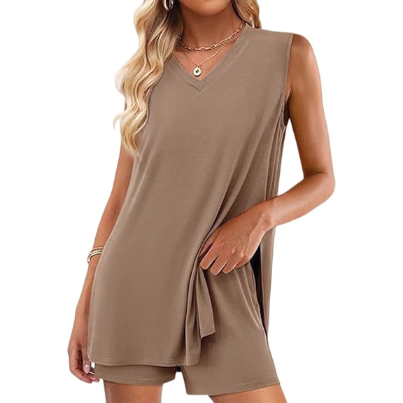 Women'S 2 Piece Shorts Sets V Neck Long Tank Tops High Waisted Loose Fit Matching Travel Outfits Khaki S