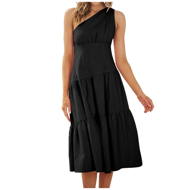 Birdeem Womens Summer Casual One Shoulder Sloping Shoulders Sleeveless Solid Color Ruffle Hem Flowy Pleated Long Dress