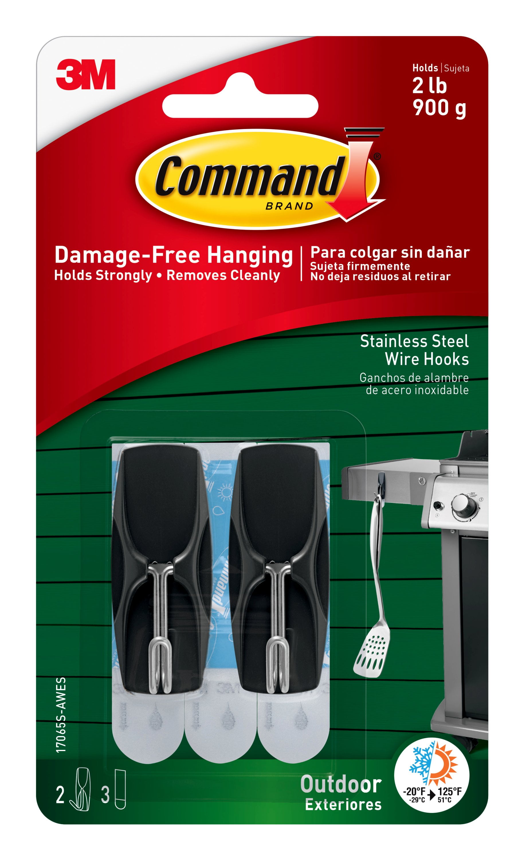 Command Outdoor Stainless Steel Wire Hooks, Medium, 2 Hooks, 3 Strips