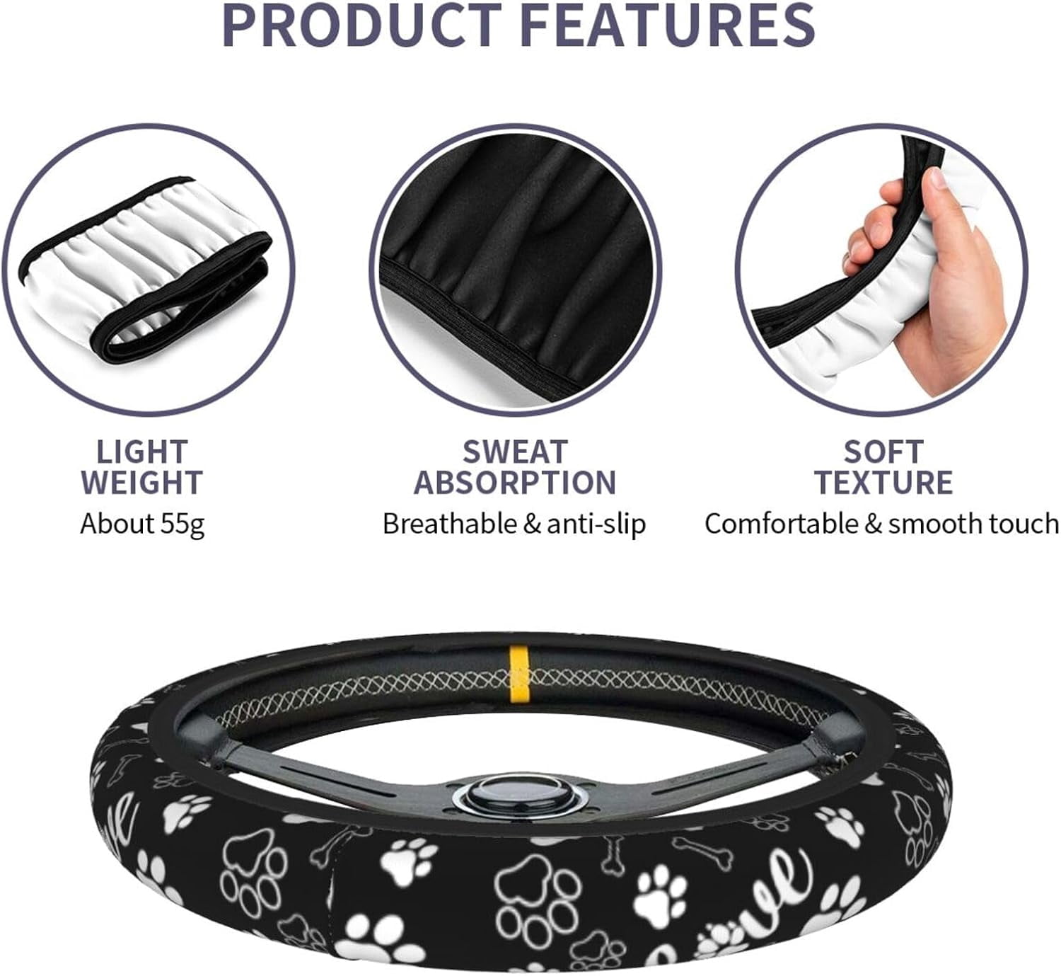 Paw Print Steering Wheel Cover - Dog Paw Print Steering Wheel Cover Dogs Prints Anti-Slip Breathable Universal for 15 Inch Car with 2 Pieces Car Coasters for Men/Women