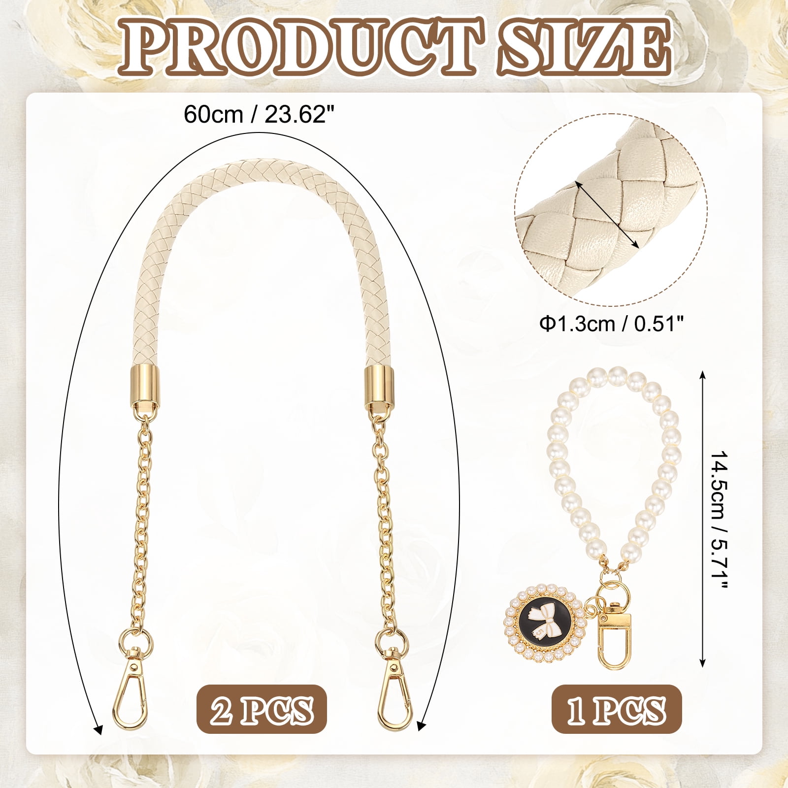 Uxcell 2 Pcs PU Leather Chain Purse Strap, 23.6 Inch Braided Purse Handles Replacement Strap with Pearl Pendant for Tote Bag Handbag Underarm Bag (Light Yellow, Light Gold Chain)