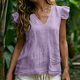 thumbnail image 2 of VBVC Women's Cotton Linen Ruffle Sleeve Tunic Top , Flowy Loose Fit Blouse For Women , Ladies' Casual V Neck Summer Shirt,Purple,S-2XL, 2 of 9