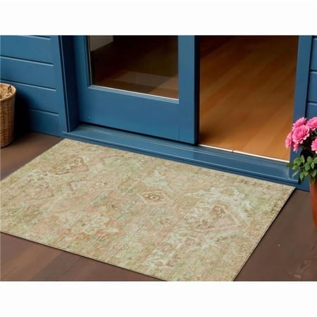HomeRoots 616628 3 x 5 ft. Salmon Fern Green & Beige Floral Medallion Washable Indoor & Outdoor Rectangle Area Rug