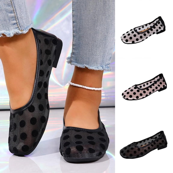 Women's Polka Dots Mesh Ballet Flats Square Toe Ballerina Flats Closed Toe Comfortable Casual Work Shoes White 9.5(43)
