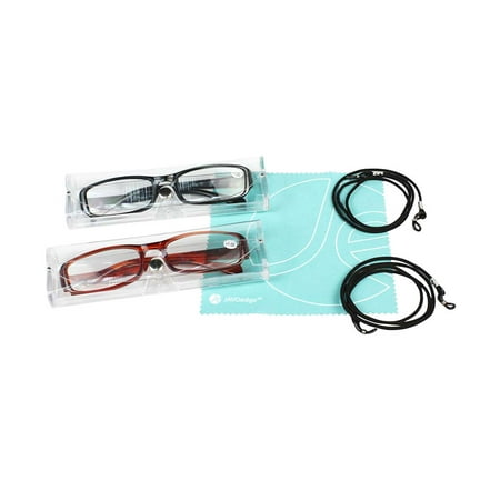 2 Bonus Glasses JE (2 PACK-Black, Brown) Classic Frame Unisex Powered Reading Glasses Bonus 2 Protective Cases and 2 Reading Next Straps ()