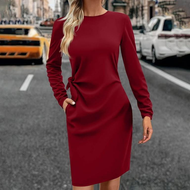 Blczomt Long Sleeve Winter Dresses for Women Dressy Casual Party Plain Red  Bodycon Crew Neck Formal Midi Dress