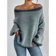 thumbnail image 3 of Women'S 2025 Fall Long Sleeve Casual Loose Striped Off Shoulder Casual Oversized Knitted Sweater Pullovers Blue XL, 3 of 7