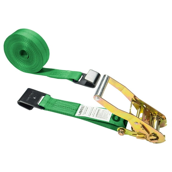US Cargo Control Flat Hook Ratchet Strap 2 Inch X 30 Foot, 10,000 LBS Break Strength, Green Heavy Duty Ratchet Straps with Black Flat Hooks, Tie Downs for Flatbed Trailer
