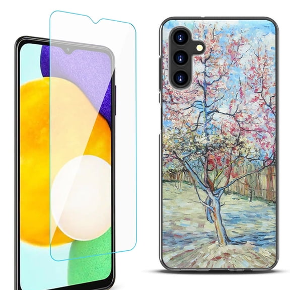 Slim-Fit Protective Fashion Phone Case (Black) for Samsung Galaxy A13 5G, with Tempered Glass Screen Protector, by OneToughShield ® - Blossom Tree