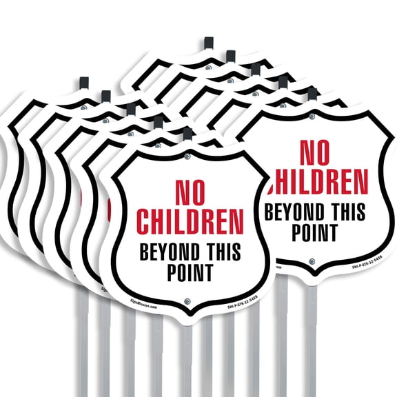 No Children Beyond This Point (10 Pack) 12 inch X 12 inch Shield Shaped Rust-Free Aluminum Metal Signs with Aluminum Mounting Stakes Weather Resistant Made in the USA