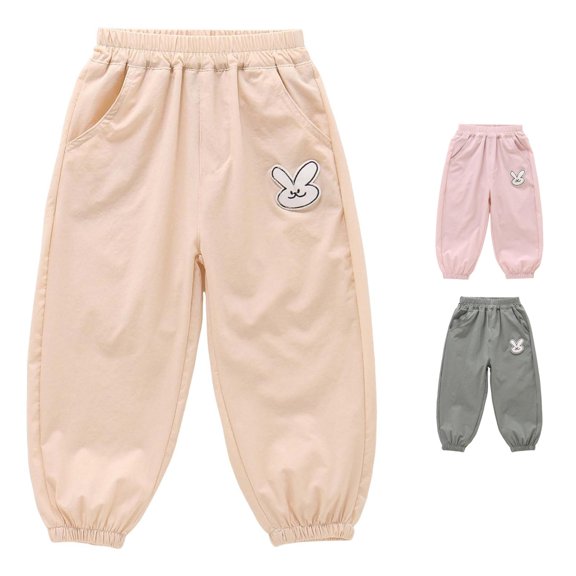 JCCXIN Toddler Kids Girls School Pants Casual Baggy Cartoon Rabbit Appliques Ankle-Tied Pants With Pockets Lightweight Outdoor Summer Daily Wear Sweet Party Bottoms,Beige,2-3 Years