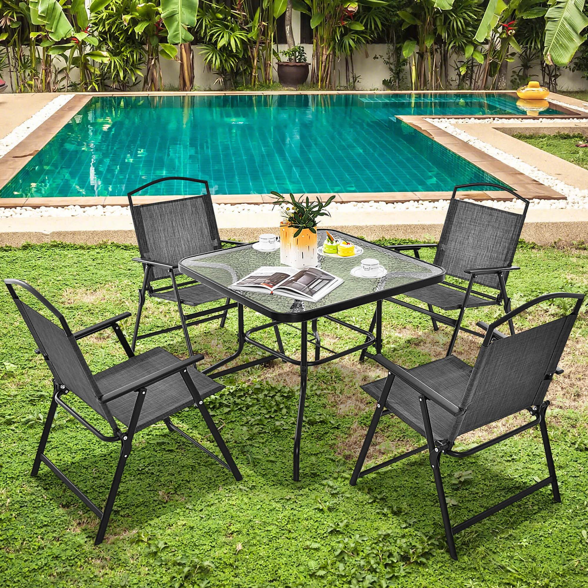 Umbrella Table And Chairs PHI VILLA Black 8-Piece Metal Patio