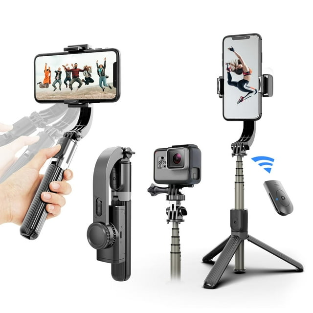 Estabilizador de cardán para teléfono inteligente, con palo selfie retráctil y trípode, control remoto multifunción de 1 eje, rotación automática de 360°, equilibrio automático para iPhone/Android