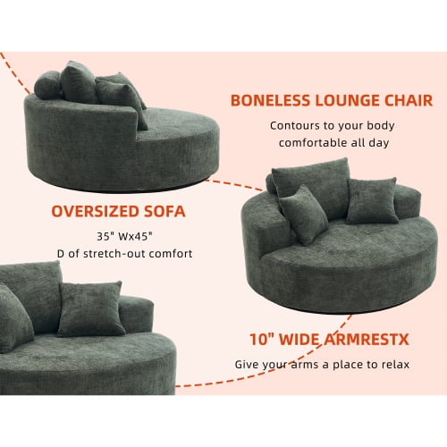 55" Oversized Round Swivel Chair, 360° Rotating Chenille Cotton Blend Accent Chair with High-Density Foam Cushion, Modern Comfy Seating for Living Room, Bedroom, Reading Nook – Green