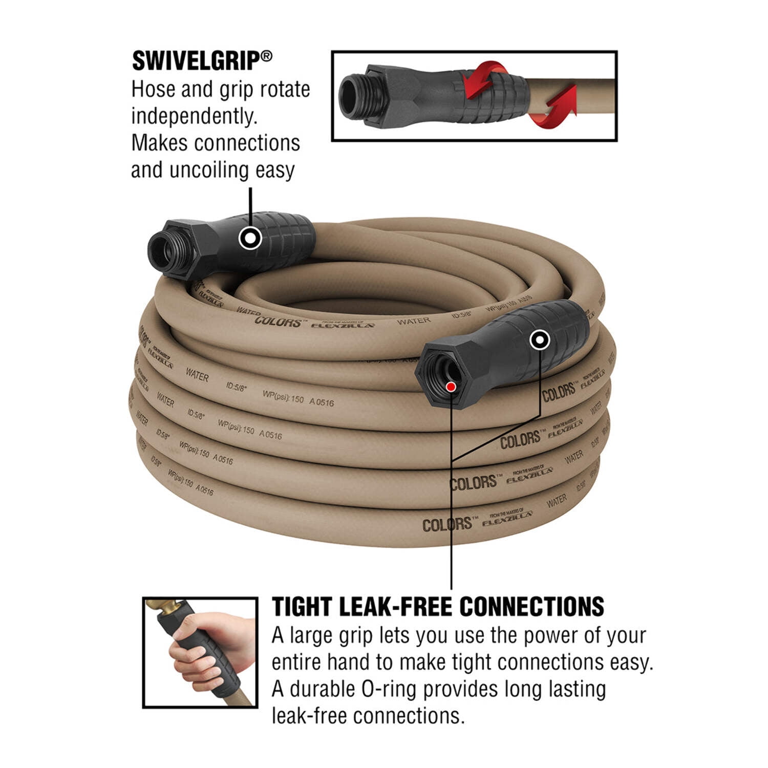 Flexzilla® Colors™ SwivelGrip® Garden Hose 5/8" x 50' 3/4"-11 1/2 GHT Fittings Brown Mulch(Boxed)