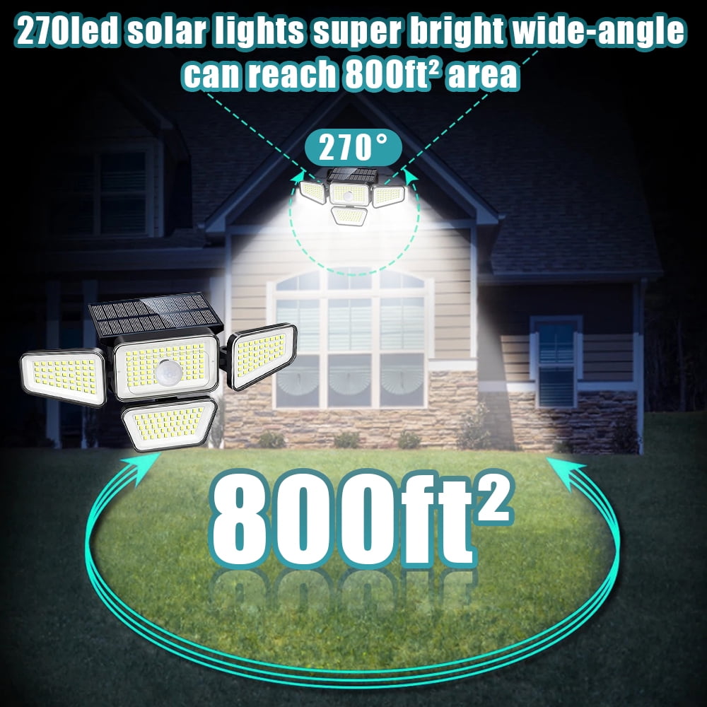 2-Pack Solar Lights Outdoor,4 Heads 2500LM 270 LED Motion Sensor Security Lights,IP65 Waterproof,270°Wide Angle Flood Wall Lights with 3 Modes for Patio Yard Garden